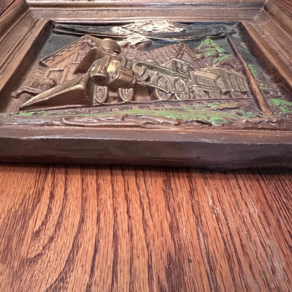 Vintage PRR Steam Train 3D Relief Wall Art Plaque Brown Gold 11x9‎ Railroad